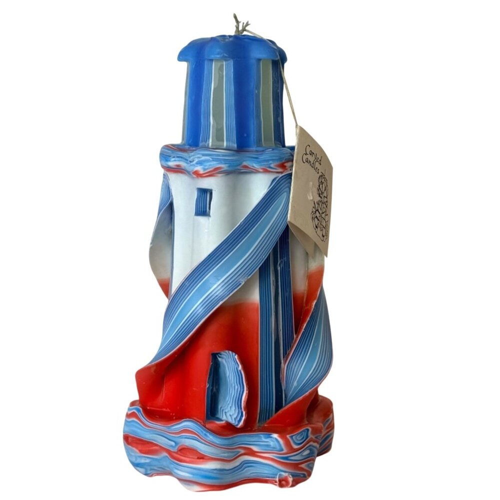 Patriotic Lighthouse Candle Hand Carved Wax VTG Nautical Coastal America 250 Dec